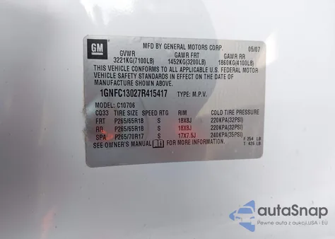 2007 Chevrolet Tahoe Lt z USA, uszkodzony, nr VIN 1GNFC13027R415417